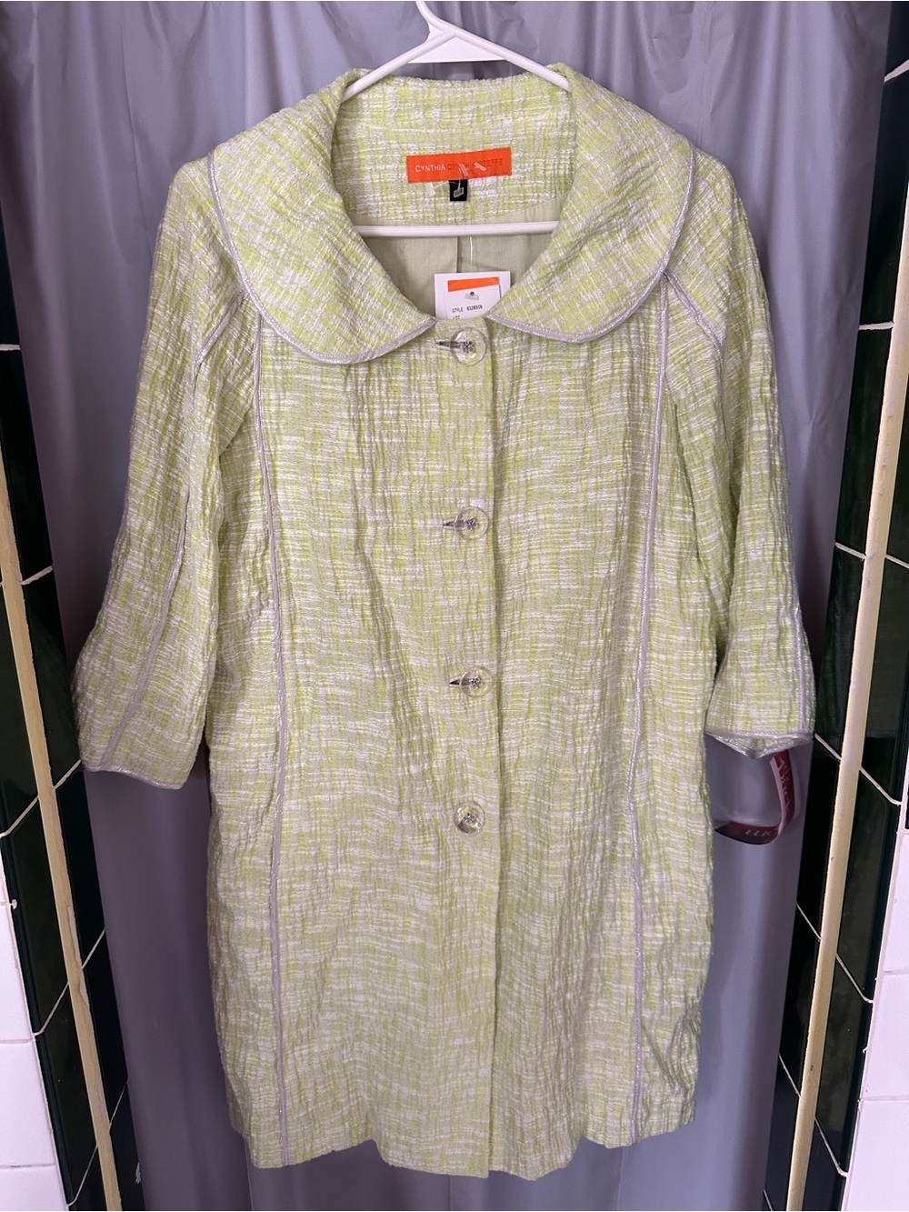 Cynthia Rowley Pale Lime Tweed Rounded-Collar Coat